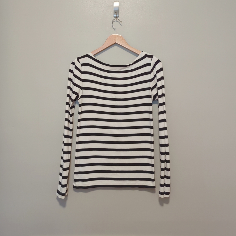 GAP Black and White Striped Fitted Long Sleeve Blouse